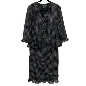 Feminine Rockabilly Sheer Black Polka Dot Ruffle Skirt VTG Suit Set Womens Sz 14